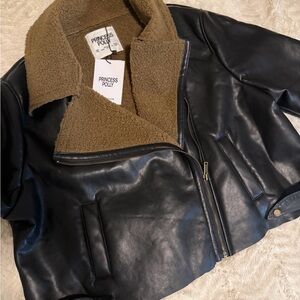 Princess Polly Black Leather Bomber Jacket with Tan Lining